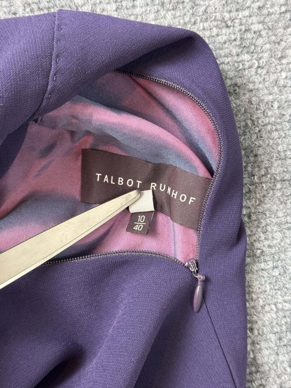 Talbot Runhof Purple Solid Sheath Crew Neck 3/4 Sleeve Zip Dress Size 10 - Picture 3 of 10